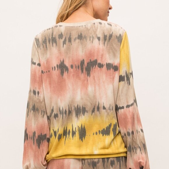 MYSTREE Boho Tie-Dye Long Sleeve Sweatshirt, Multicolor Pink Tan Yellow Pullover - Picture 5 of 8